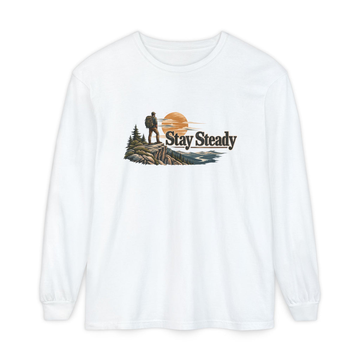 Stay Steady Unisex Long-Sleeve T-Shirt | Hiker Sunset Graphic