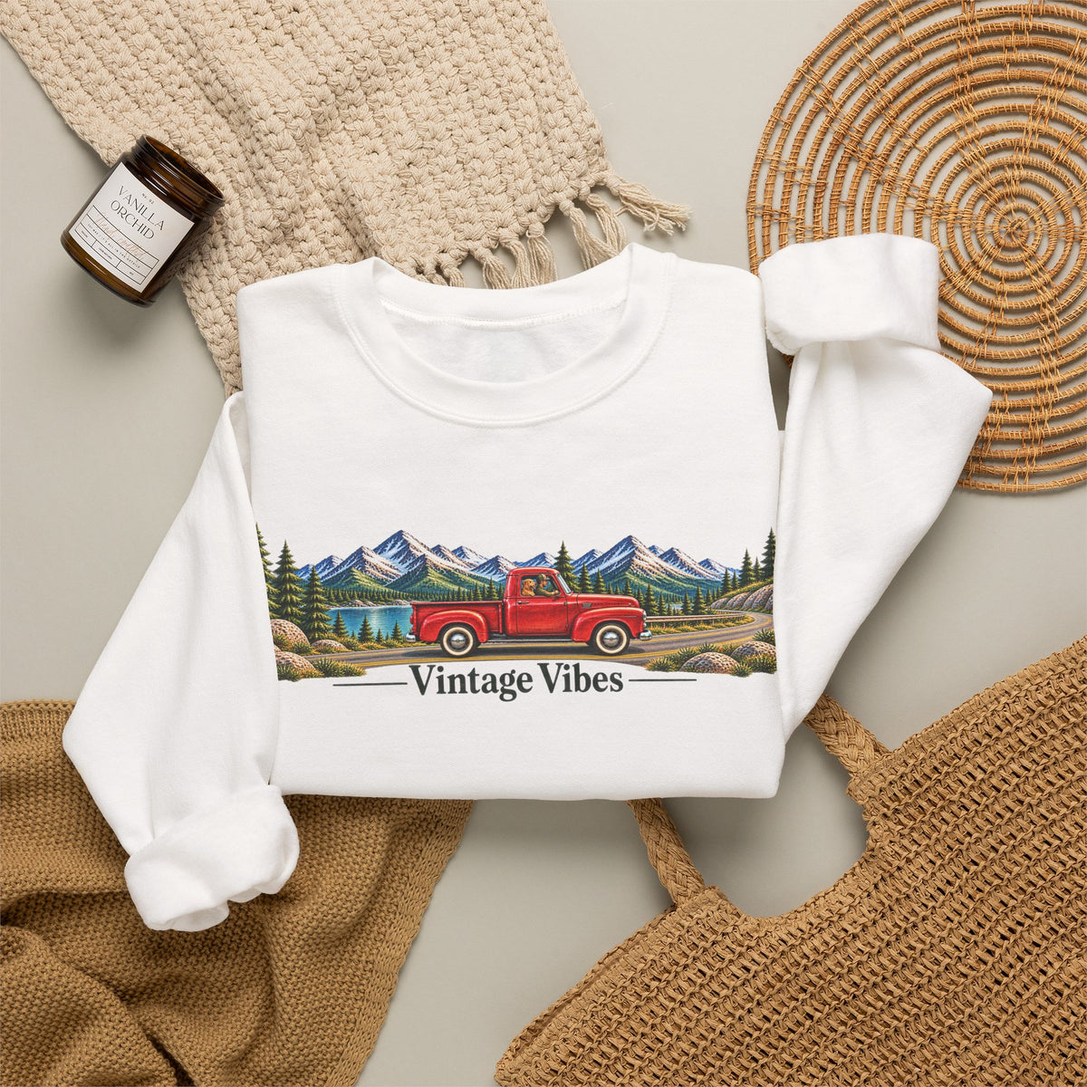 Vintage Truck Sweatshirt – 'Vintage Vibes' Mountain Scenic Crewneck
