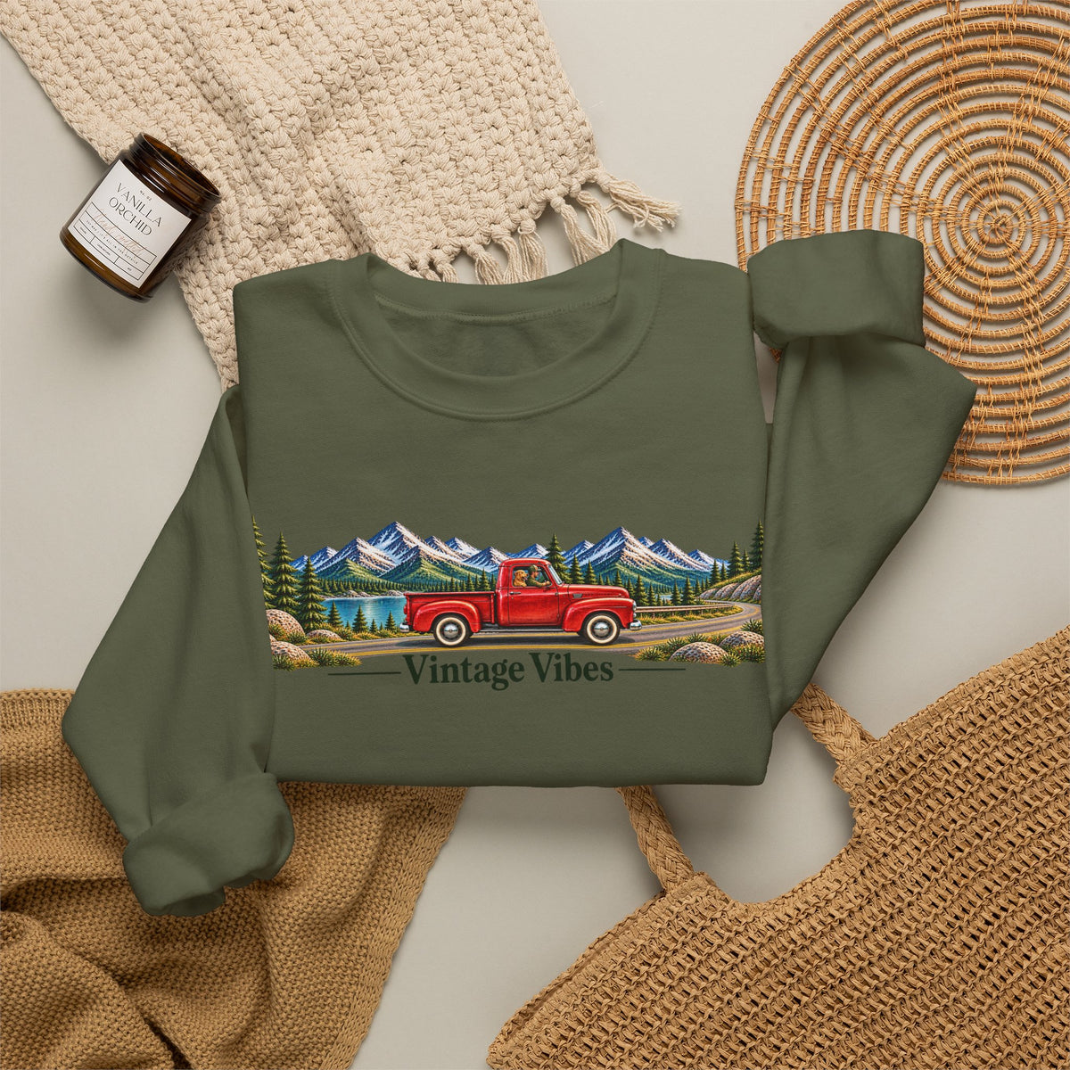 Vintage Truck Sweatshirt – 'Vintage Vibes' Mountain Scenic Crewneck