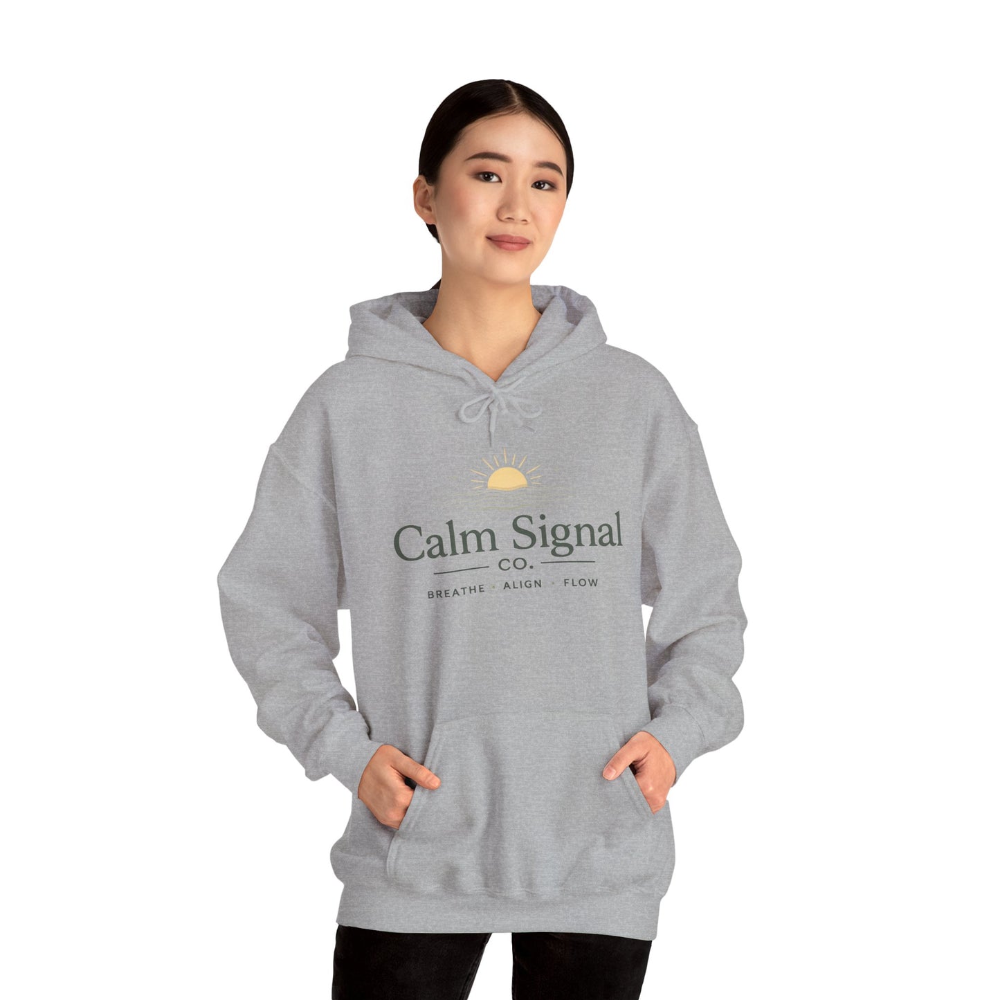 Calm Signal Hoodie – Minimal Wellness Hoodie with 'Calm Signal' Text and Sunrise Graphic