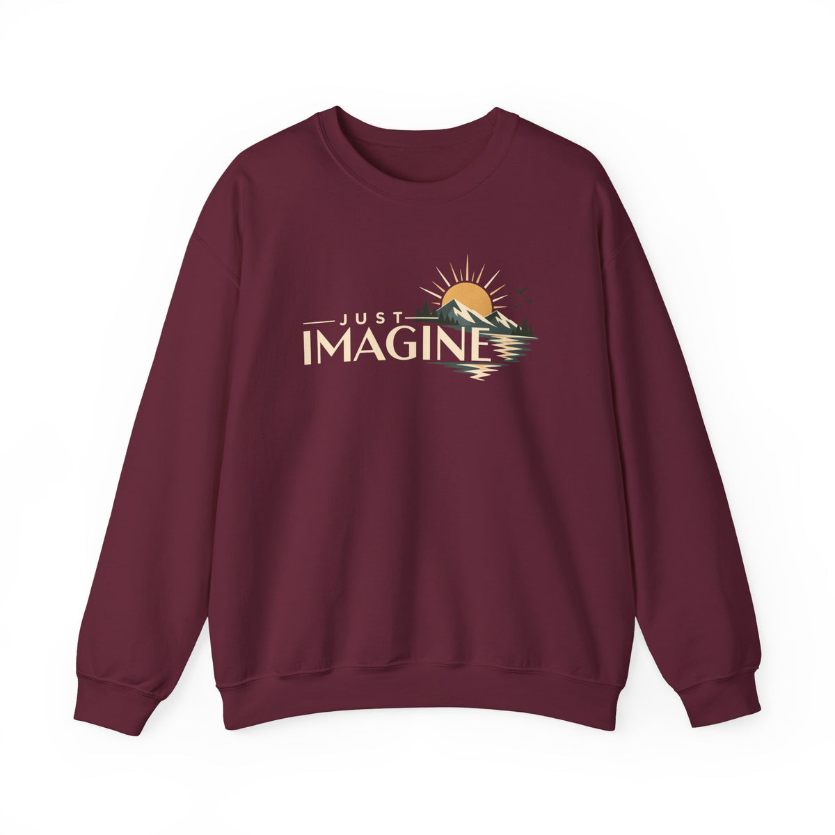 Imagine Sunrise Crewneck Sweatshirt — "Just Imagine" Retro Sunset Graphic