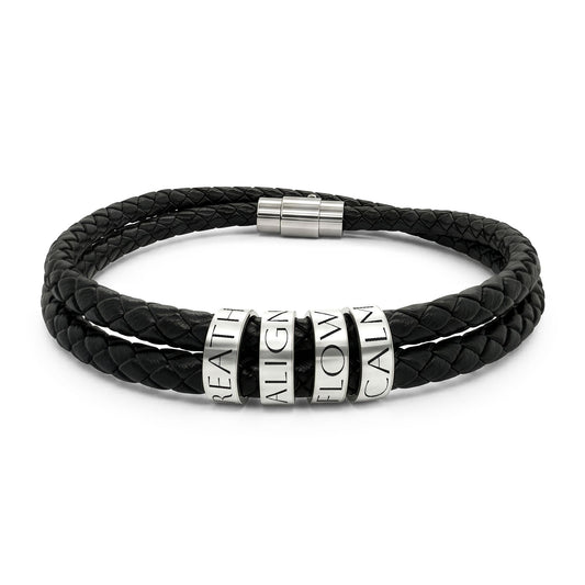 Leather Bracelet with Engraved Beads — “Breathe • Align • Flow • Calm”