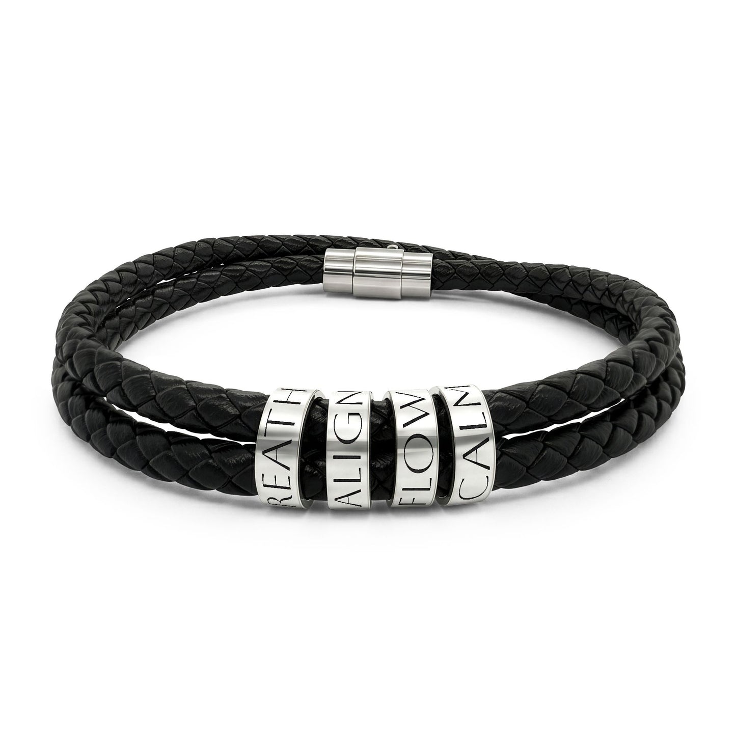 Leather Bracelet with Engraved Beads — “Breathe • Align • Flow • Calm”