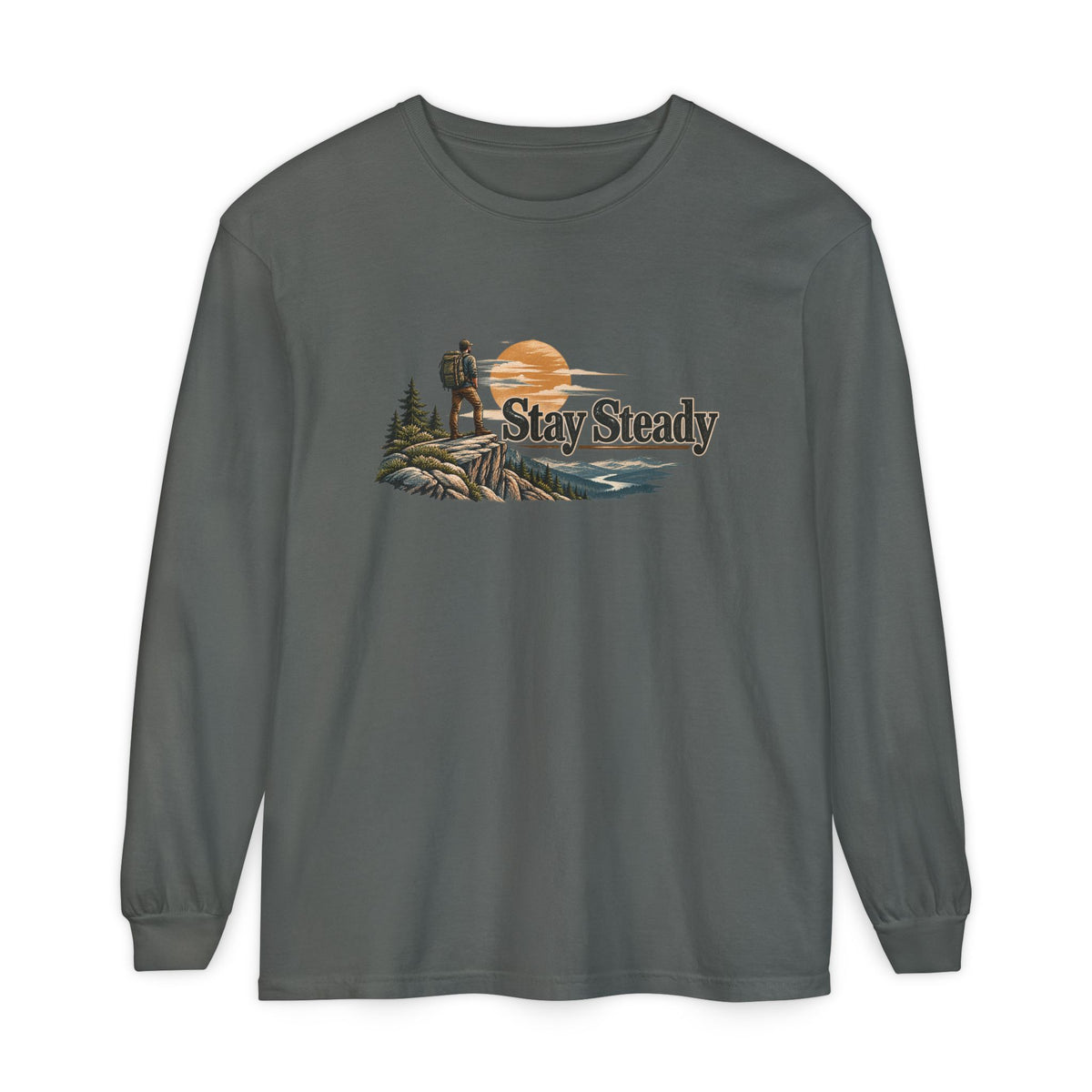 Stay Steady Unisex Long-Sleeve T-Shirt | Hiker Sunset Graphic