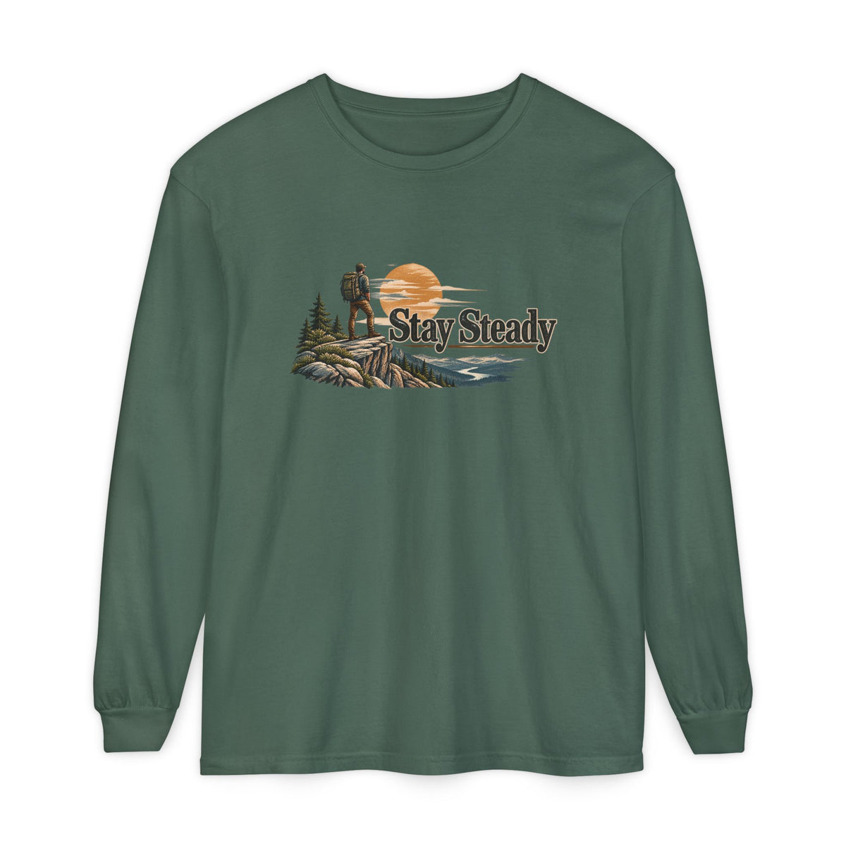 Stay Steady Unisex Long-Sleeve T-Shirt | Hiker Sunset Graphic
