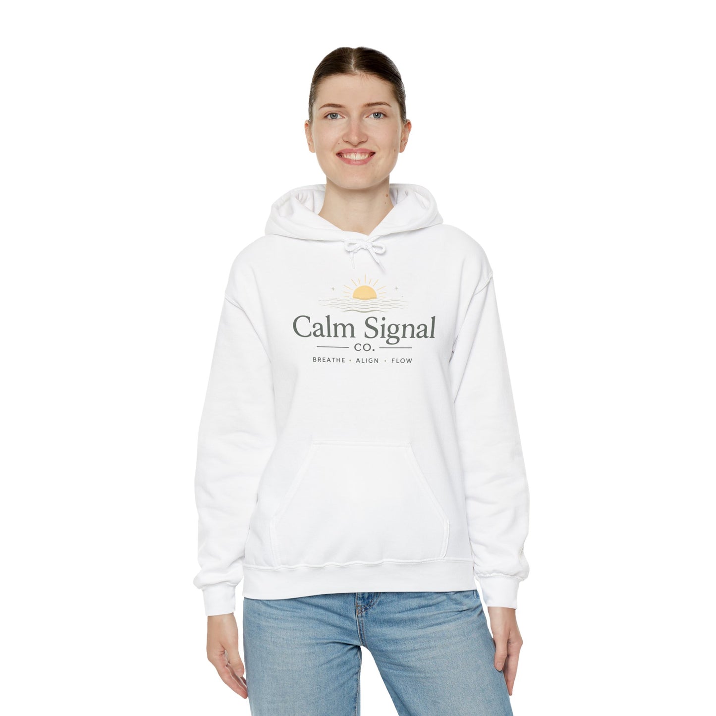 Calm Signal Hoodie – Minimal Wellness Hoodie with 'Calm Signal' Text and Sunrise Graphic