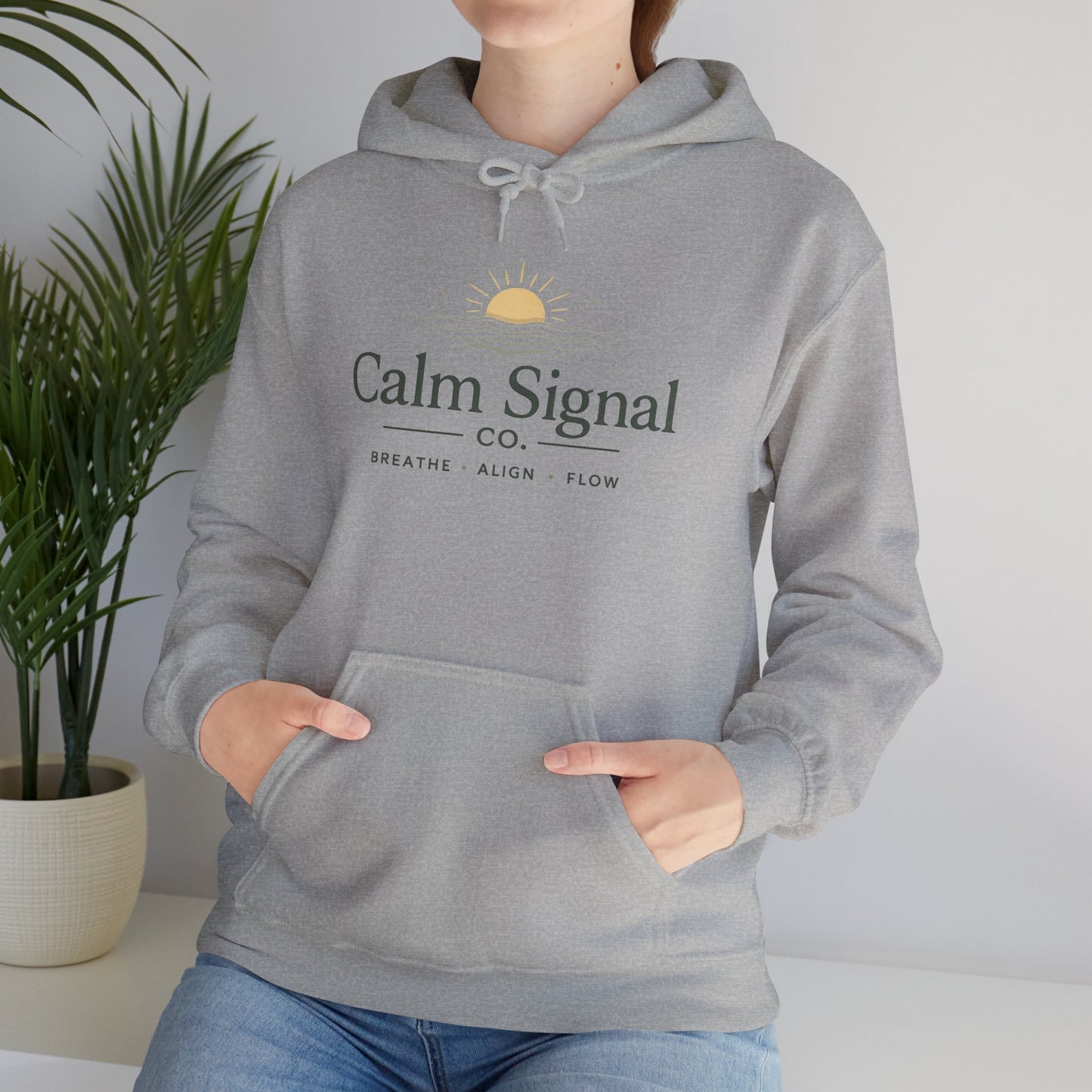 Calm Signal Hoodie – Minimal Wellness Hoodie with 'Calm Signal' Text and Sunrise Graphic