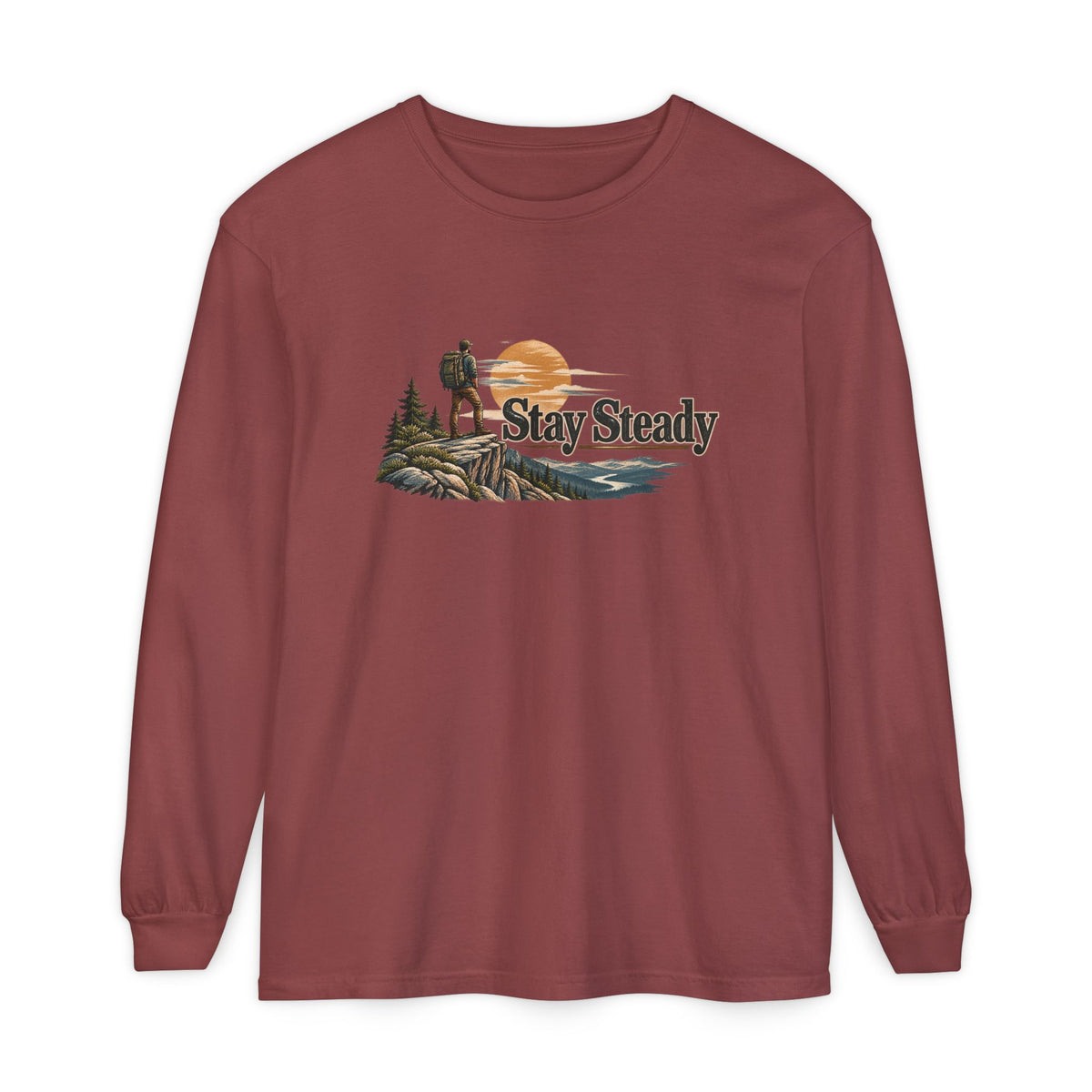 Stay Steady Unisex Long-Sleeve T-Shirt | Hiker Sunset Graphic