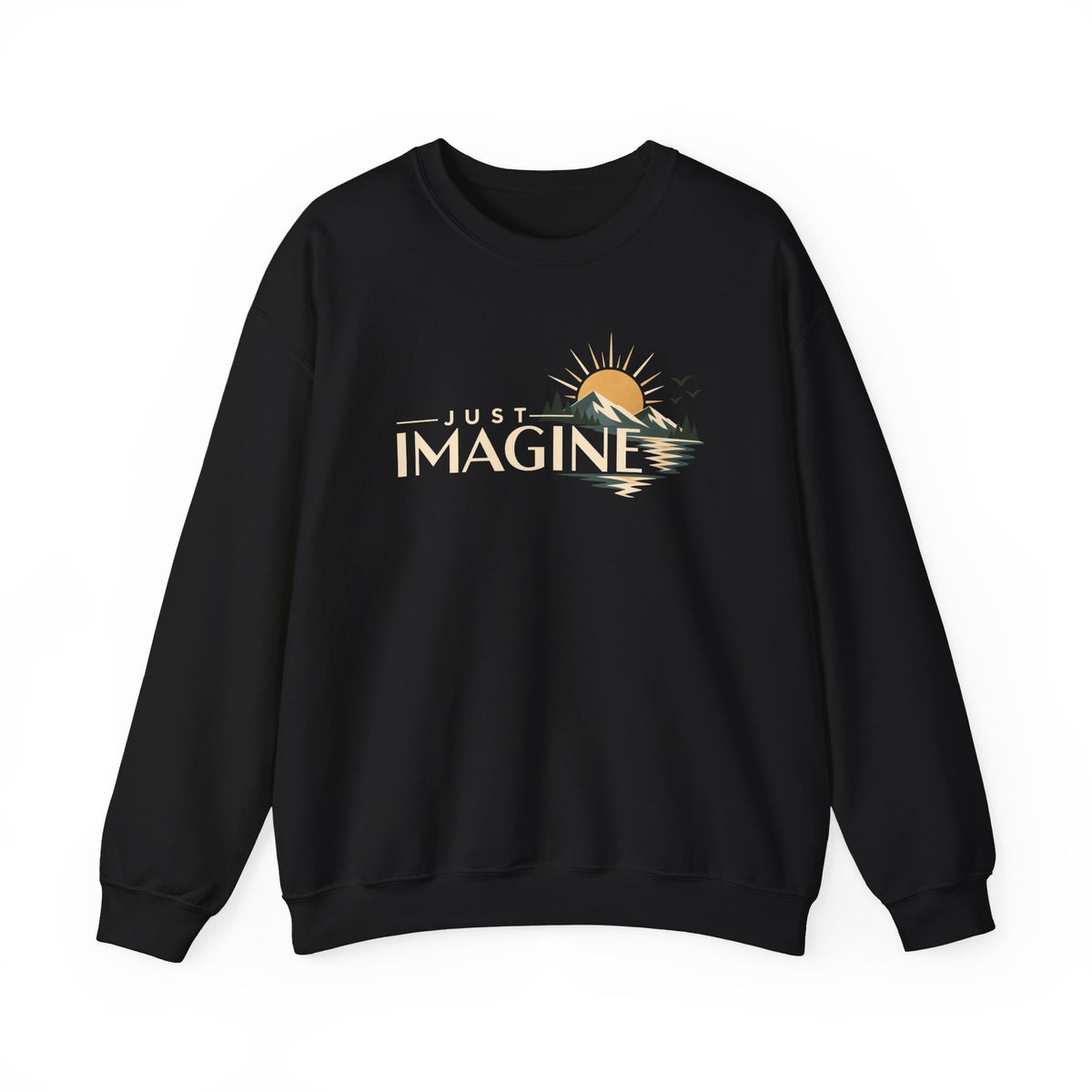 Imagine Sunrise Crewneck Sweatshirt — "Just Imagine" Retro Sunset Graphic