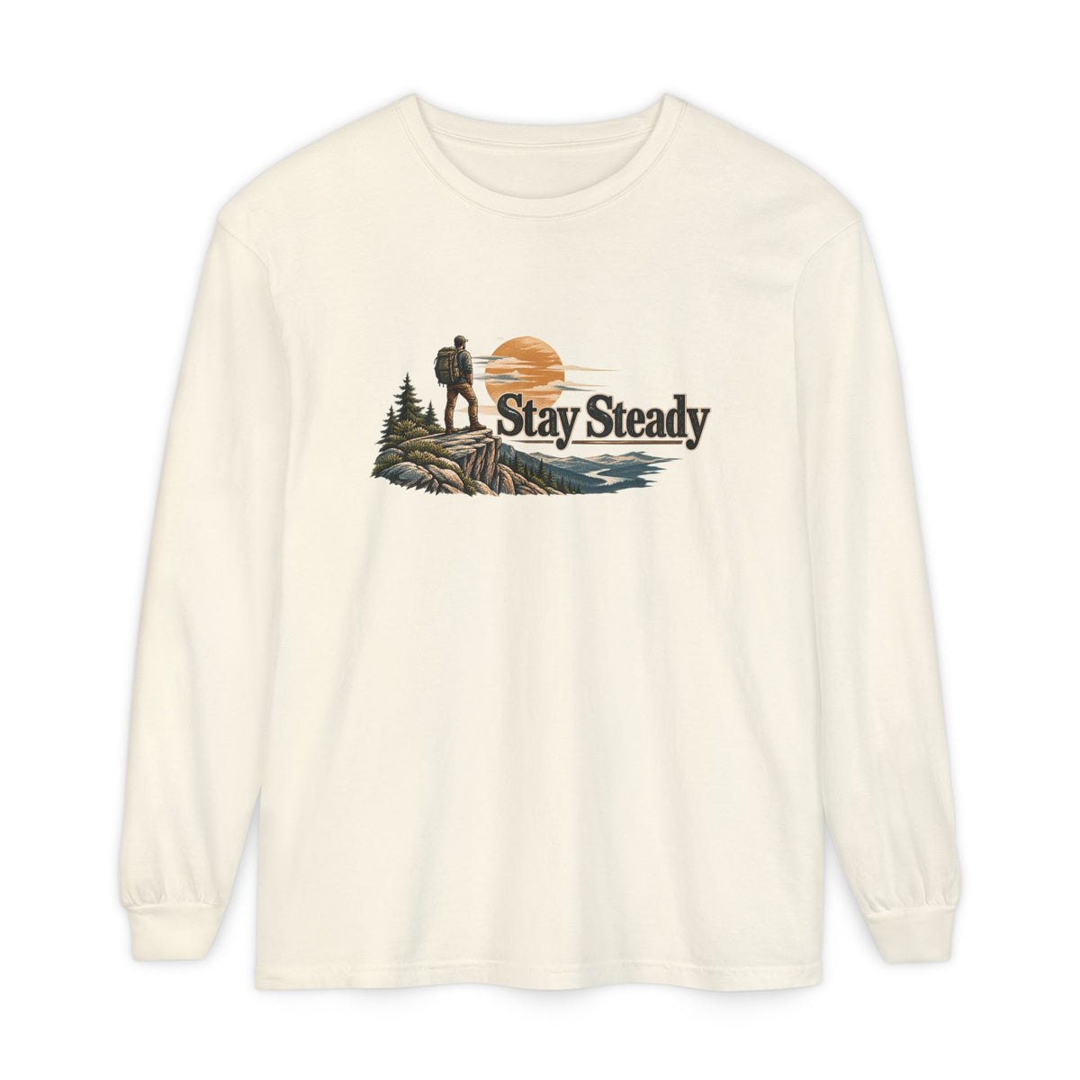 Stay Steady Unisex Long-Sleeve T-Shirt | Hiker Sunset Graphic