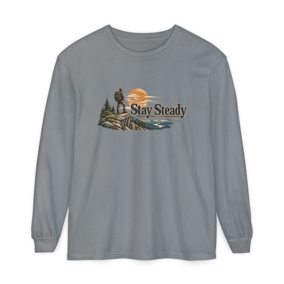 Stay Steady Unisex Long-Sleeve T-Shirt | Hiker Sunset Graphic