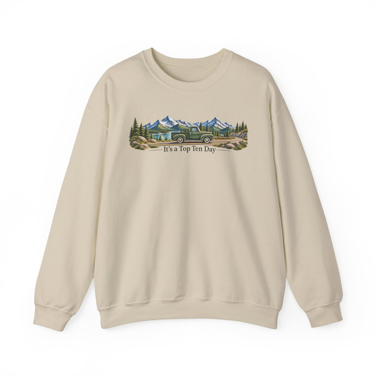 Crewneck Sweatshirt – Mountain Landscape "It's a Top Ten Day" Graphic
