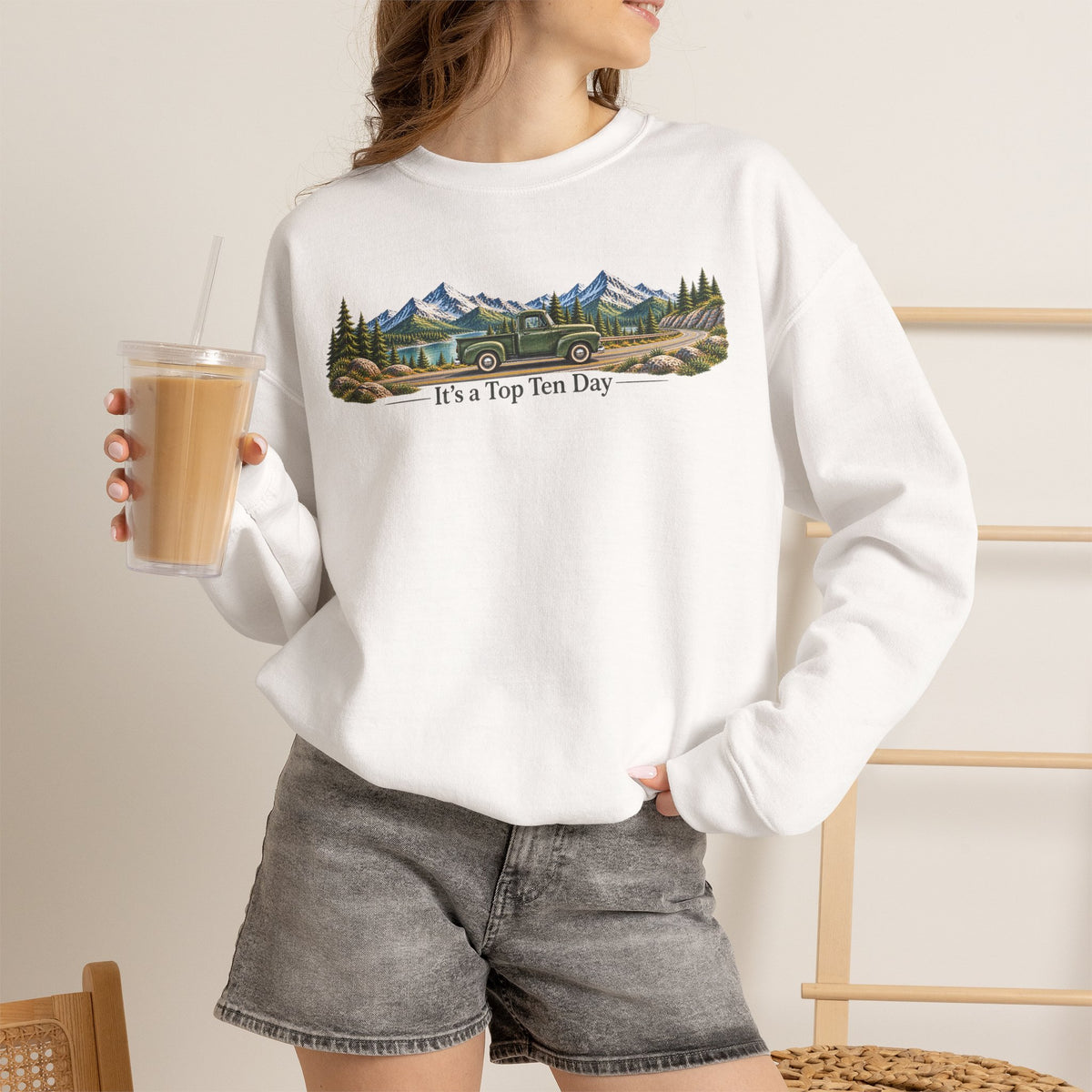 Crewneck Sweatshirt – Mountain Landscape "It's a Top Ten Day" Graphic