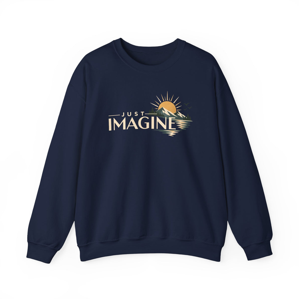 Imagine Sunrise Crewneck Sweatshirt — "Just Imagine" Retro Sunset Graphic