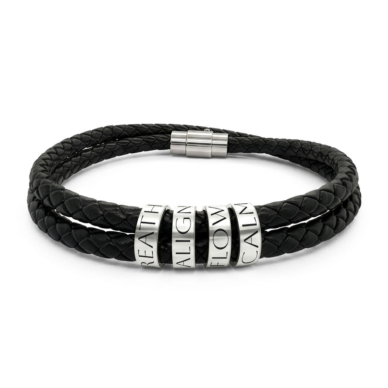 Engravable Black Braided Leather Bracelet with Stainless Steel Beads Breathe, Align, Flow and Calm