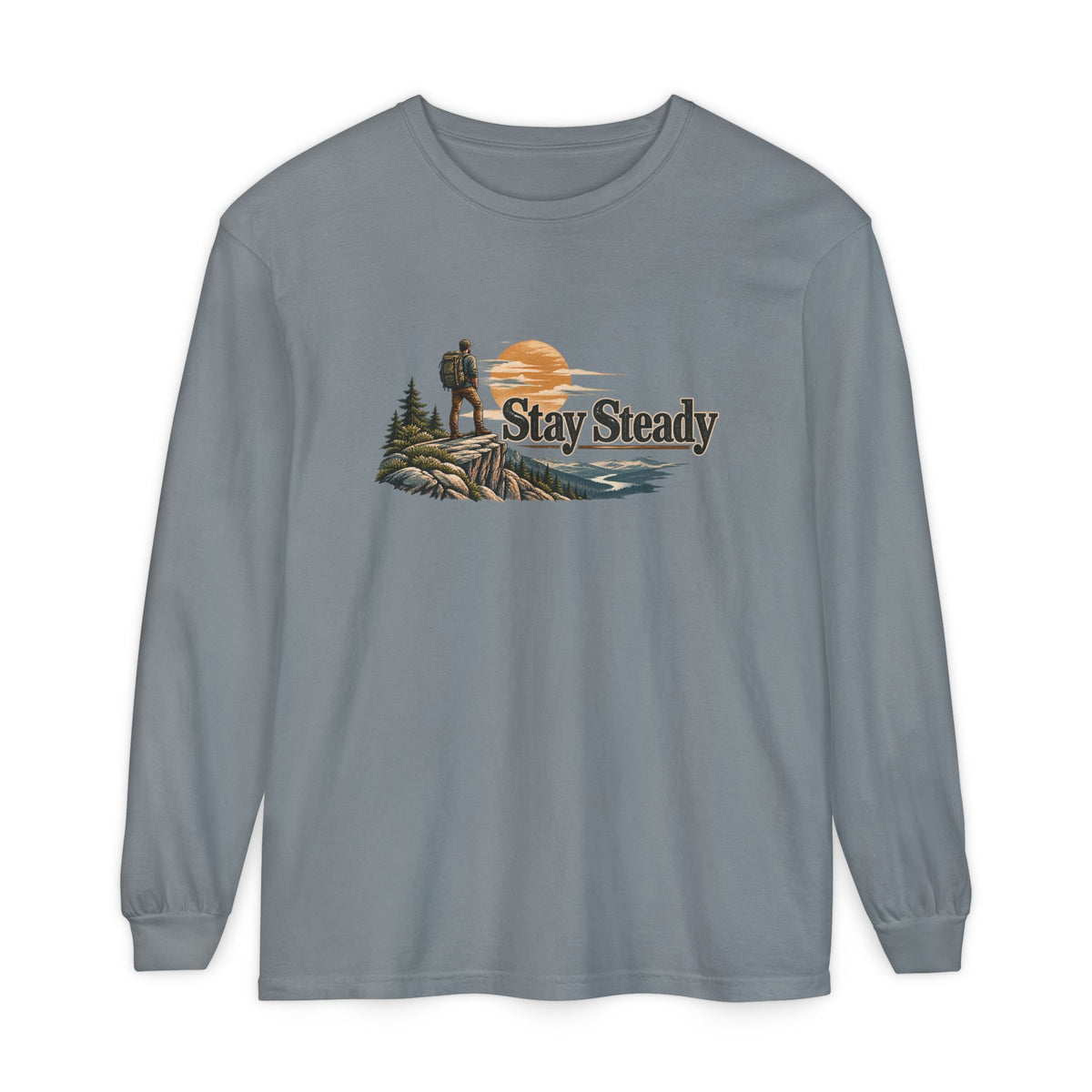 Stay Steady Unisex Long-Sleeve T-Shirt | Hiker Sunset Graphic
