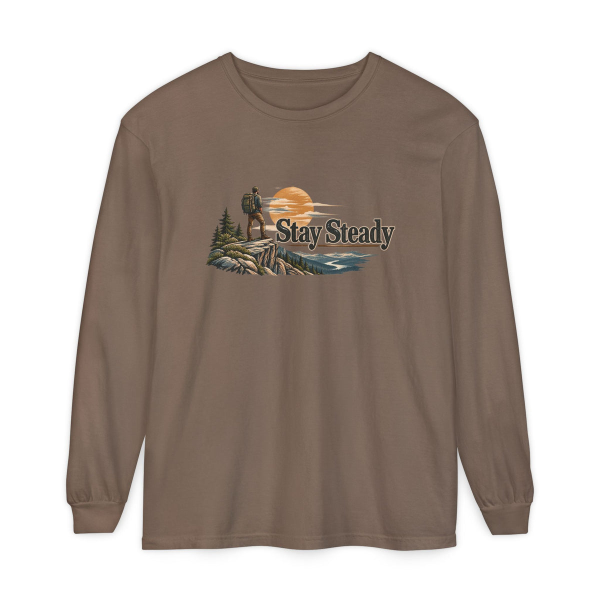 Stay Steady Unisex Long-Sleeve T-Shirt | Hiker Sunset Graphic