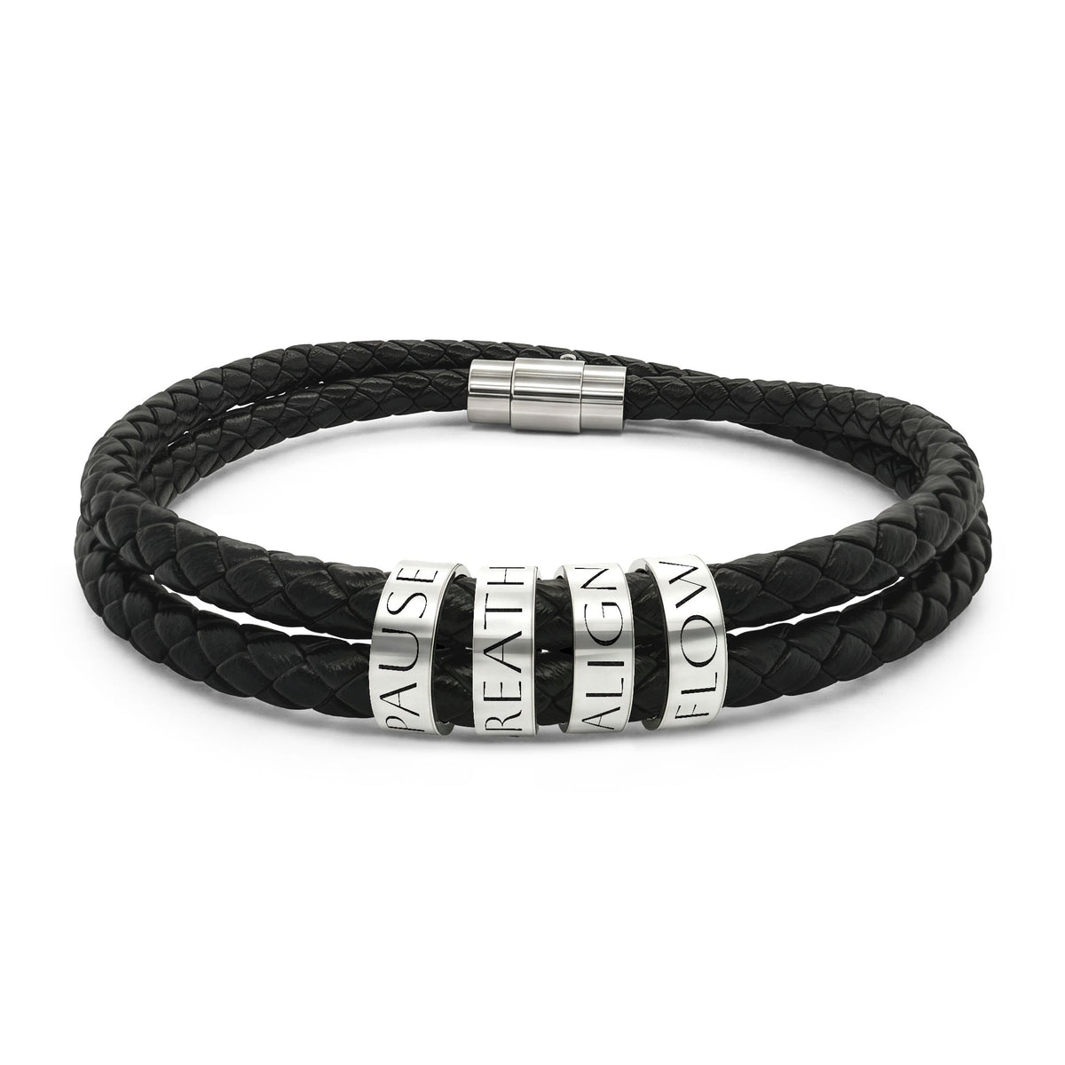 Personalized Braided Leather Bracelet — Engraved Beads