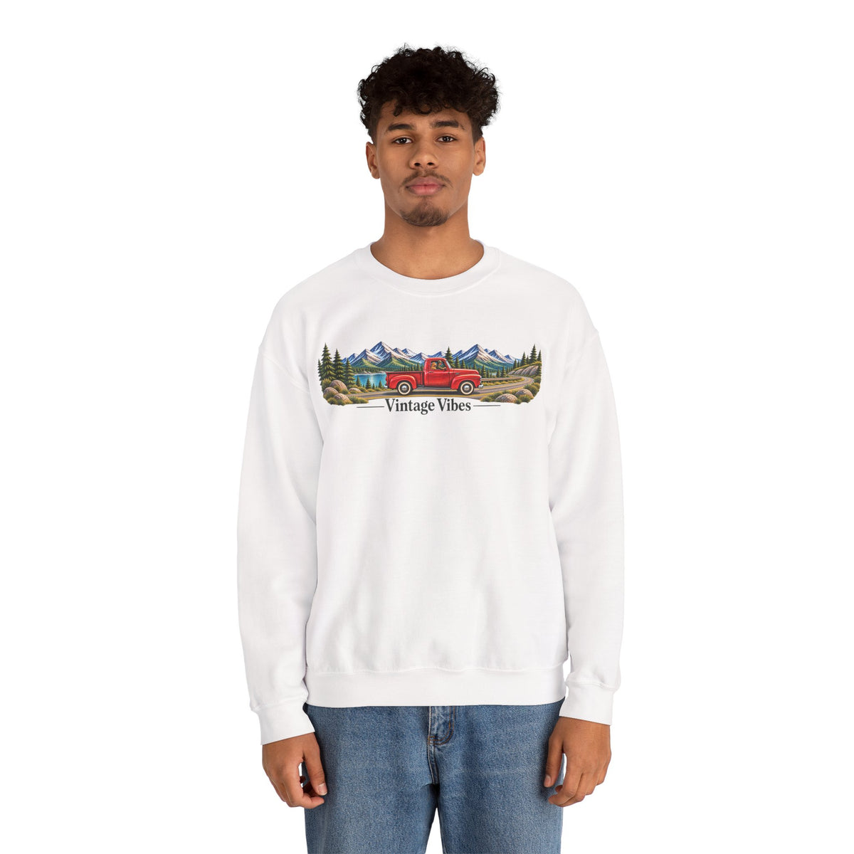 Vintage Truck Sweatshirt – 'Vintage Vibes' Mountain Scenic Crewneck