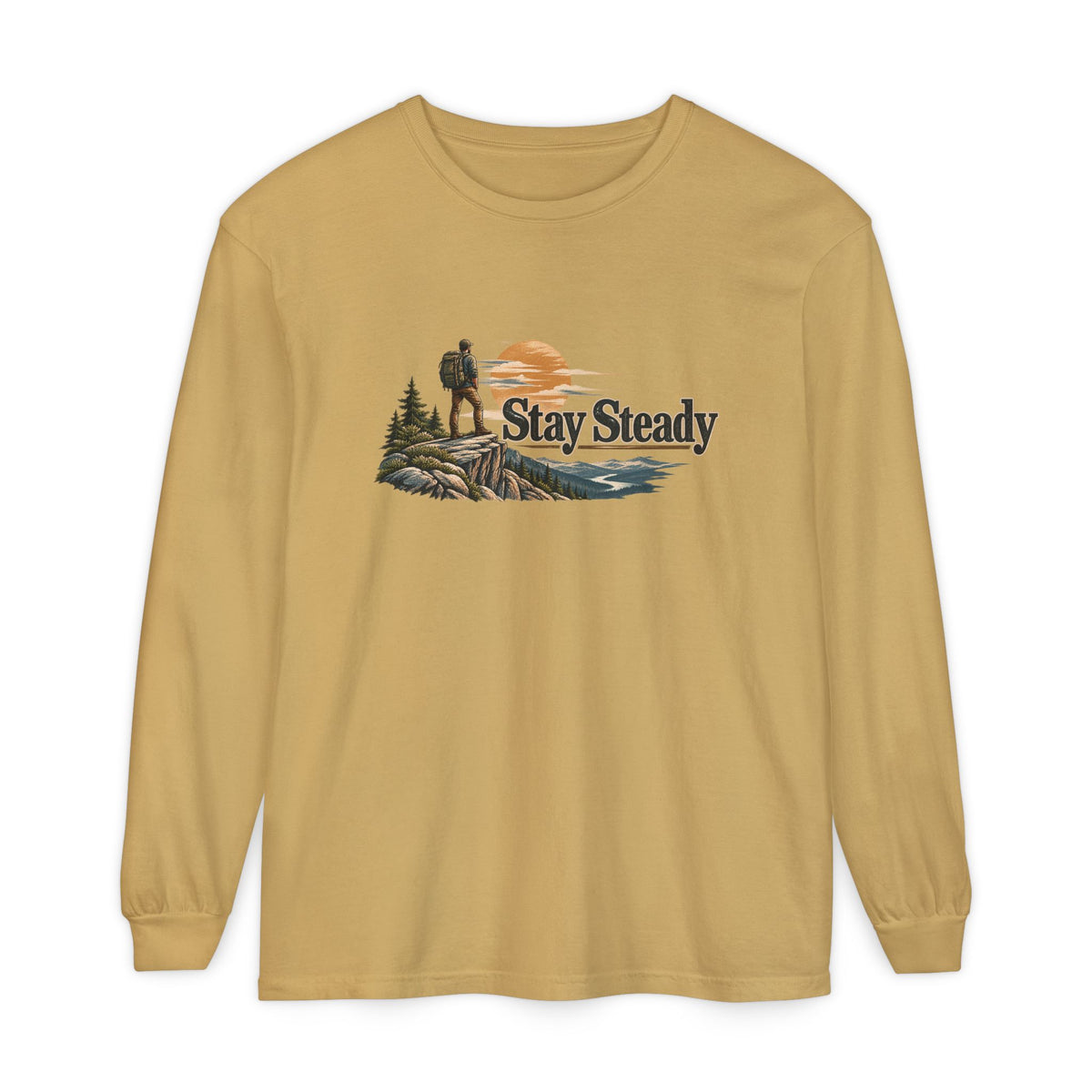 Stay Steady Unisex Long-Sleeve T-Shirt | Hiker Sunset Graphic