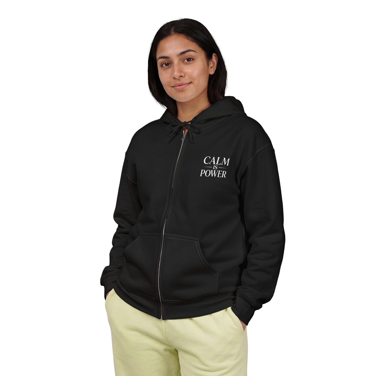 Calm Is Power Black Full-Zip Hoodie