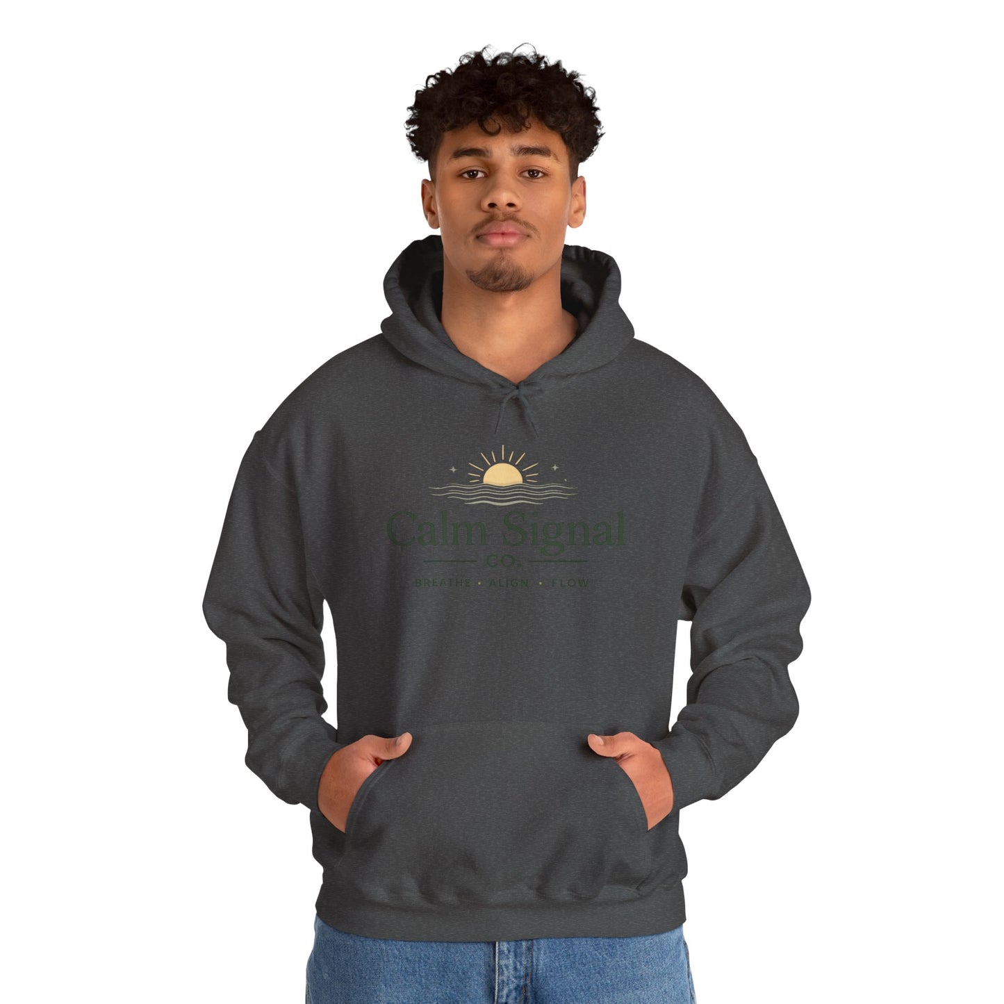 Calm Signal Hoodie – Minimal Wellness Hoodie with 'Calm Signal' Text and Sunrise Graphic