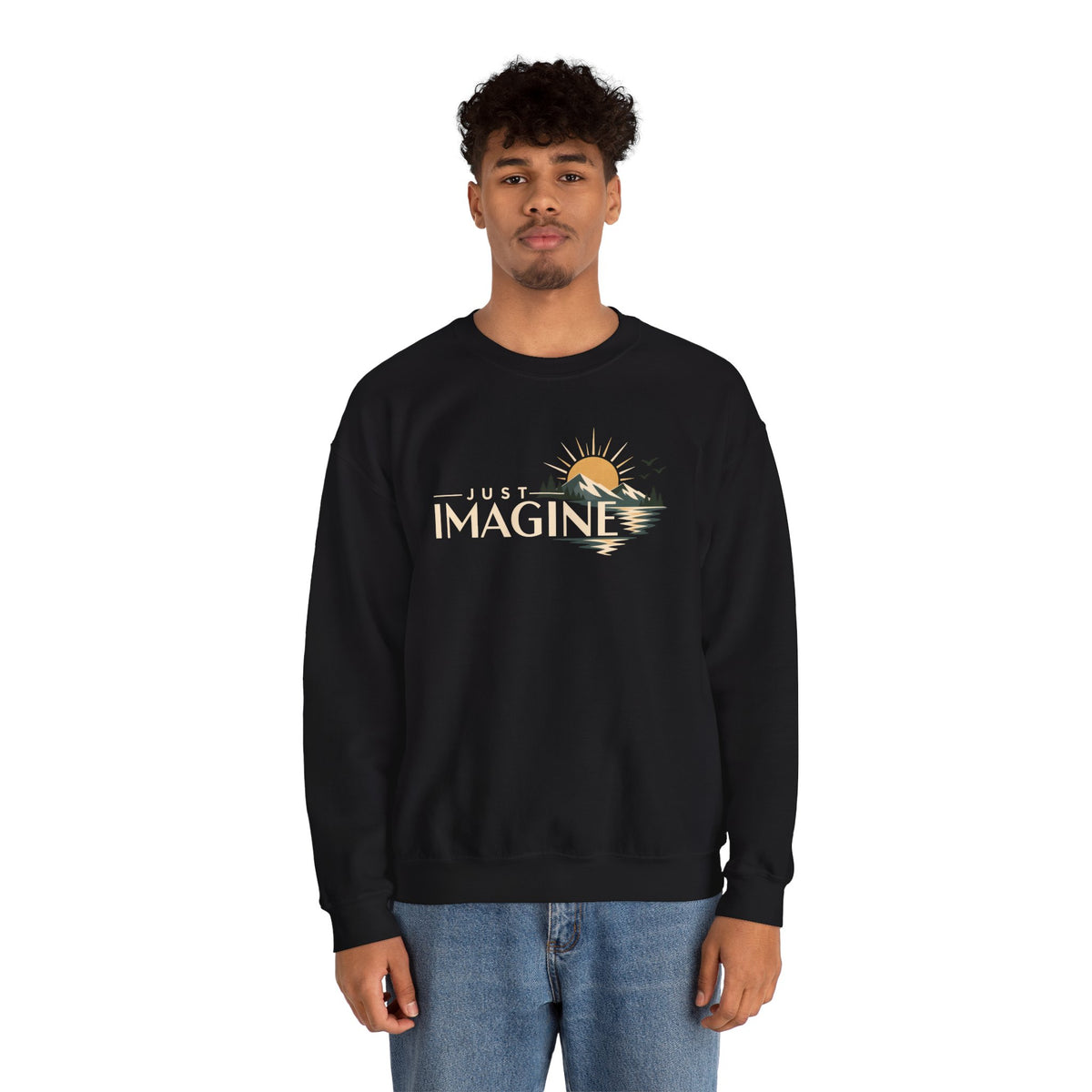 Imagine Sunrise Crewneck Sweatshirt — "Just Imagine" Retro Sunset Graphic