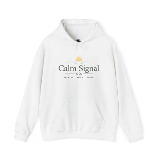 Calm Signal Hoodie – Minimal Wellness Hoodie with 'Calm Signal' Text and Sunrise Graphic