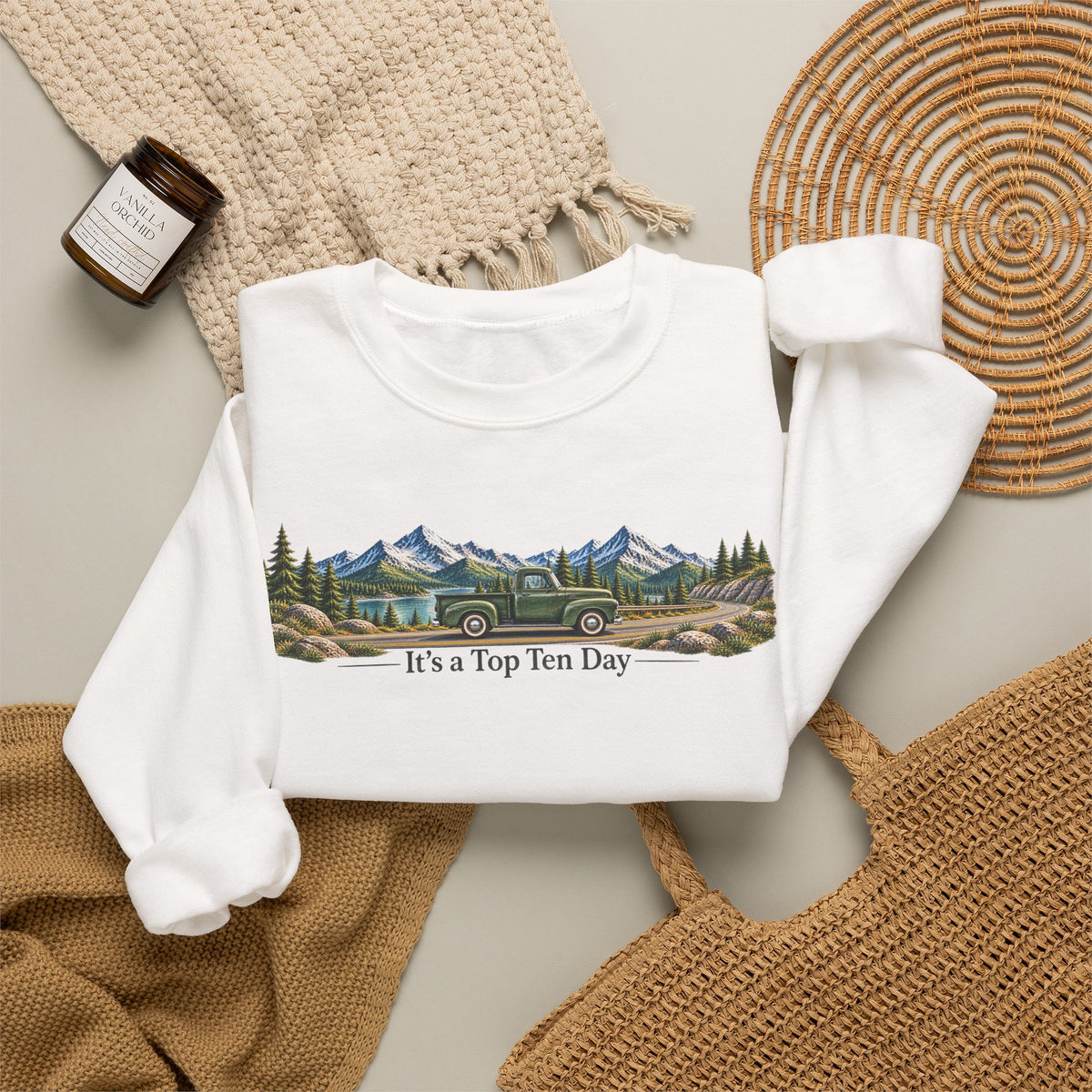 Crewneck Sweatshirt – Mountain Landscape "It's a Top Ten Day" Graphic
