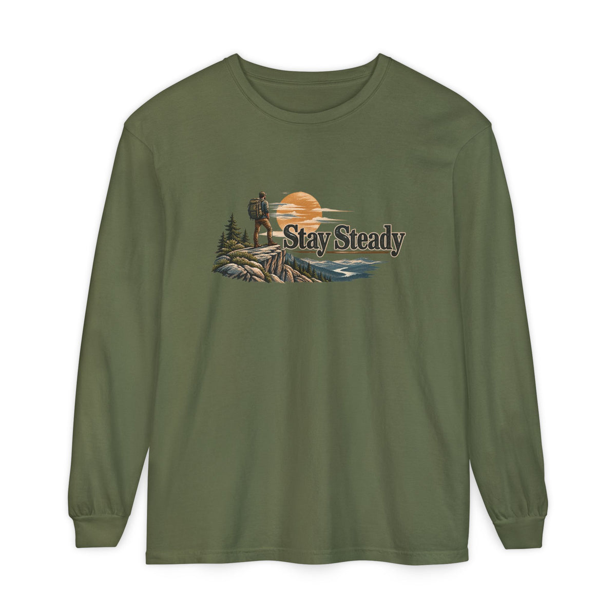 Stay Steady Unisex Long-Sleeve T-Shirt | Hiker Sunset Graphic
