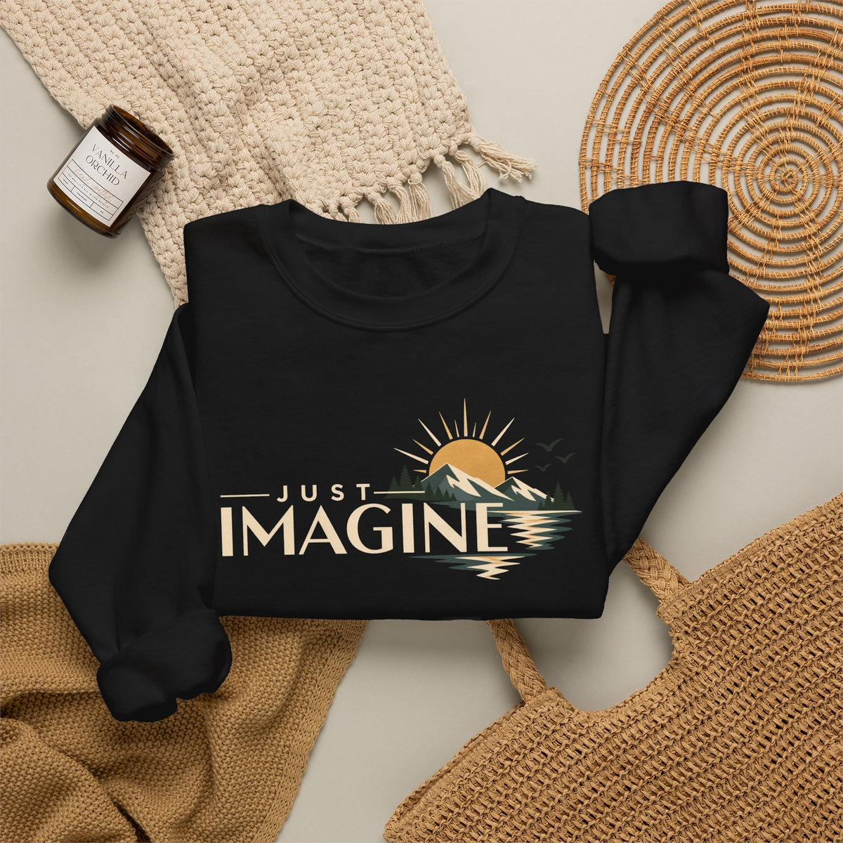 Imagine Sunrise Crewneck Sweatshirt — "Just Imagine" Retro Sunset Graphic