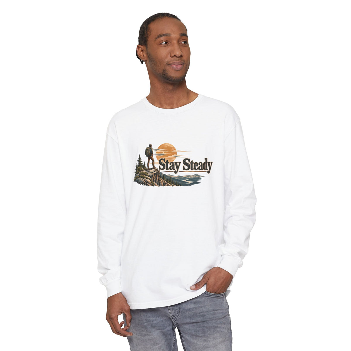 Stay Steady Unisex Long-Sleeve T-Shirt | Hiker Sunset Graphic