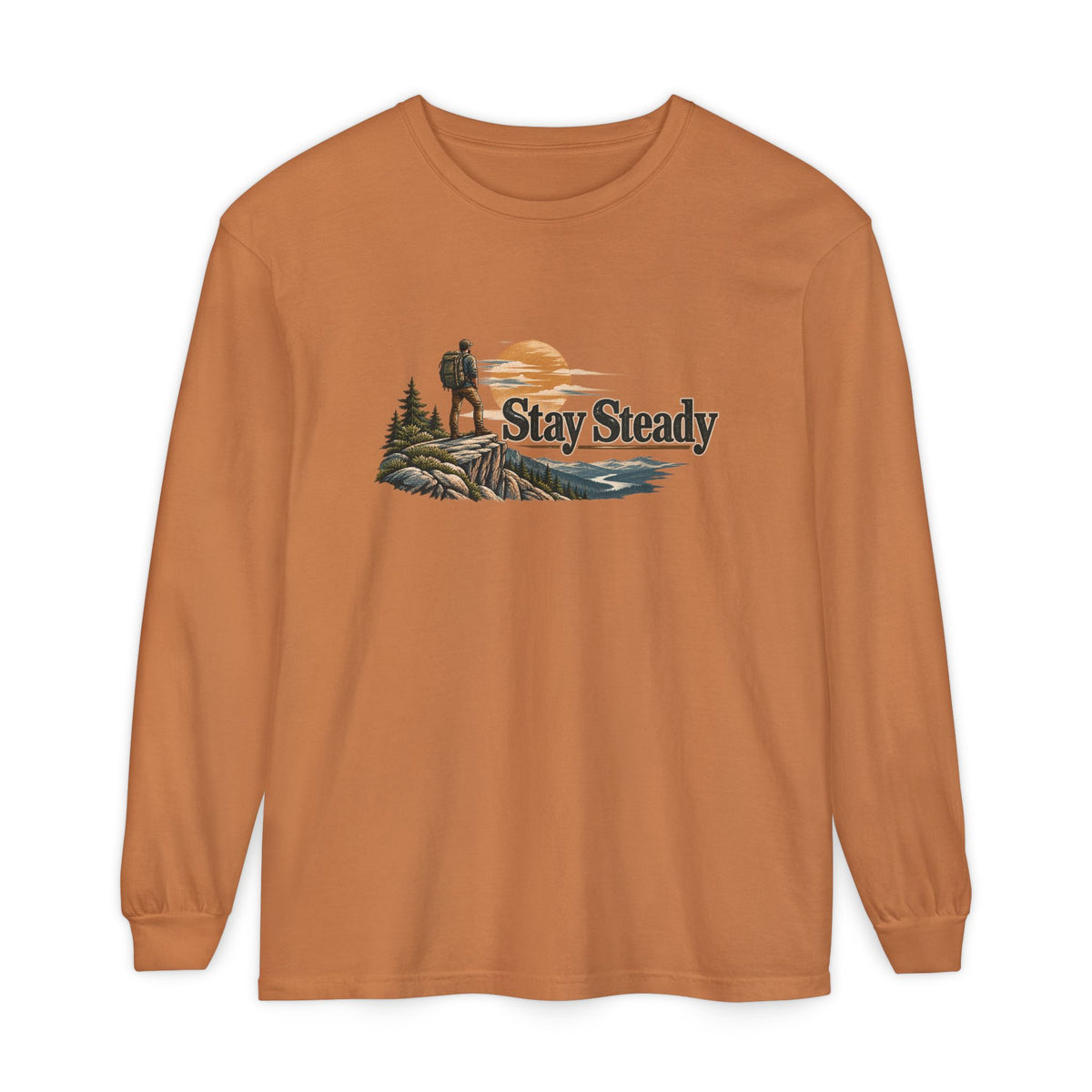 Stay Steady Unisex Long-Sleeve T-Shirt | Hiker Sunset Graphic