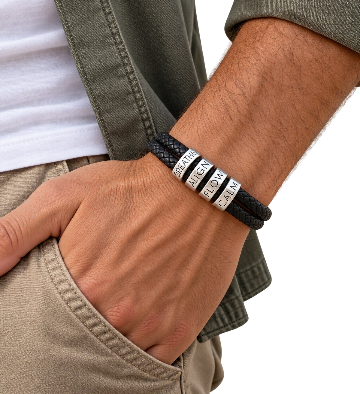 Engravable Black Braided Leather Bracelet with Stainless Steel Beads Breathe, Align, Flow and Calm