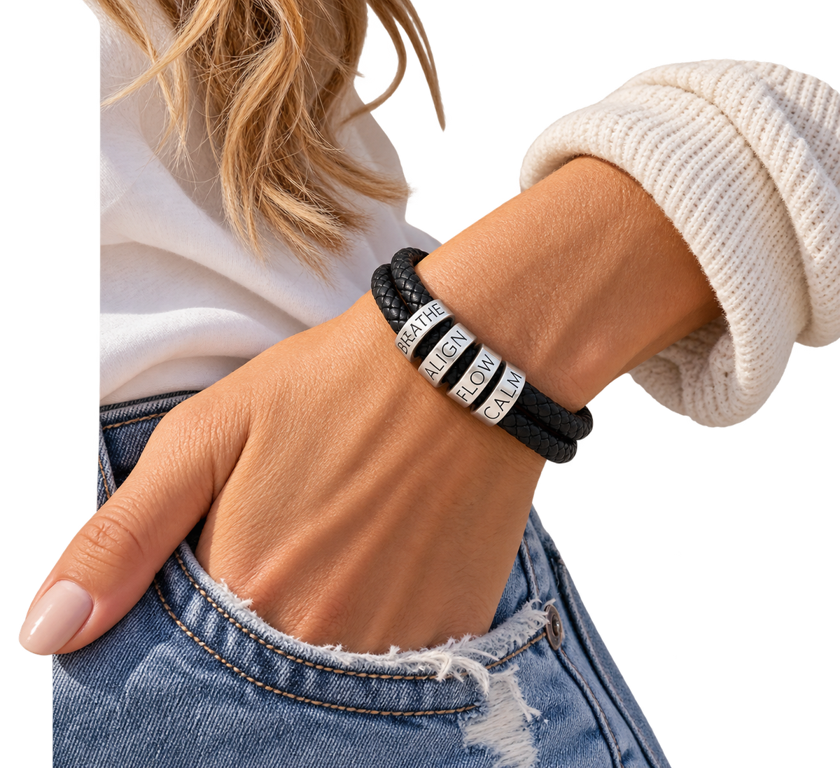 Engravable Black Braided Leather Bracelet with Stainless Steel Beads Breathe, Align, Flow and Calm