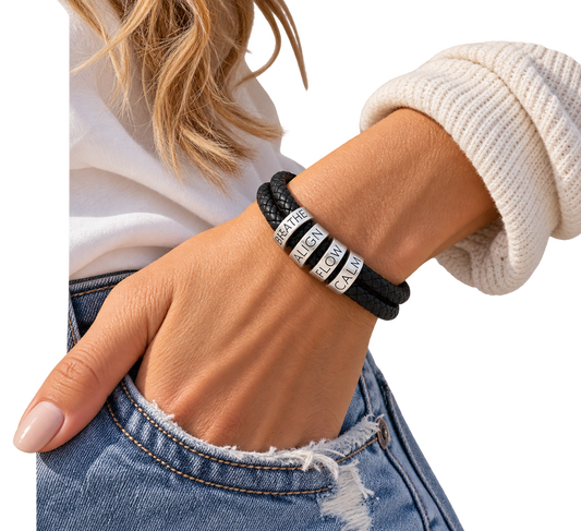 Engravable Black Braided Leather Bracelet with Stainless Steel Beads Breathe, Align, Flow and Calm