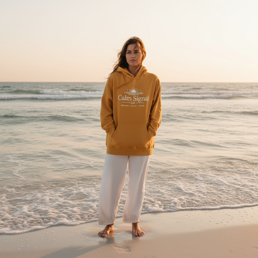 Breathe Align Flow Mustard Hoodie Beach Lifestyle