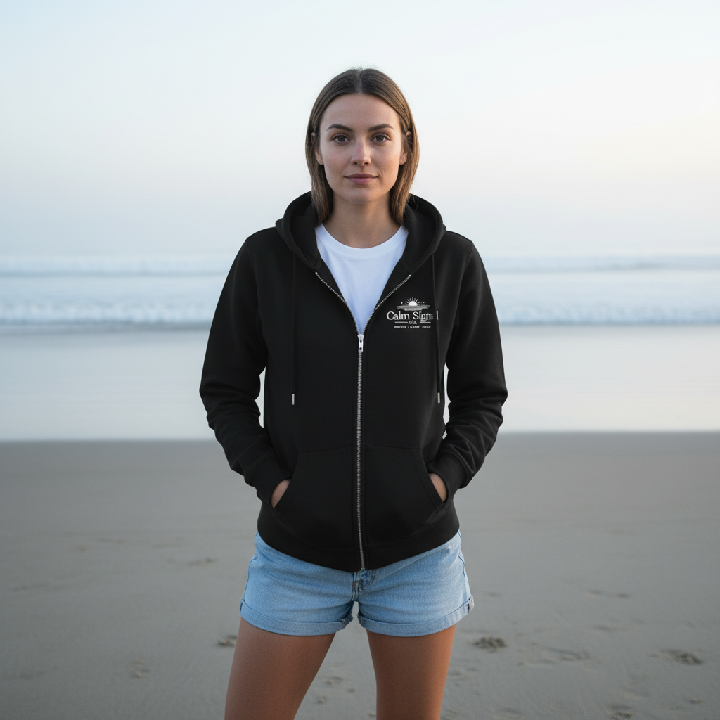 Calm Signal Zip Hoodie Black Beach Lifestyle