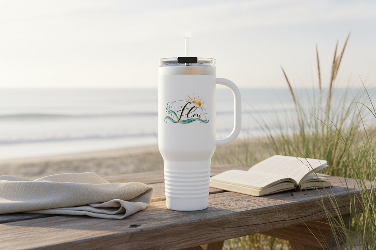 Coastal lifestyle mockup of the Let It Flow travel mug