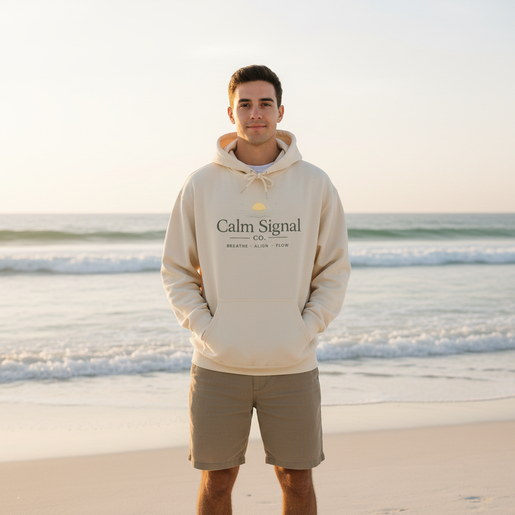 Cream Calm Signal Hoodie Guy Beach Lifestyle