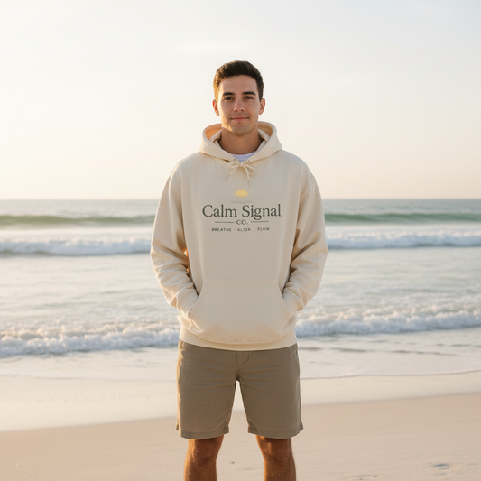 Cream Calm Signal Hoodie Guy Beach Lifestyle