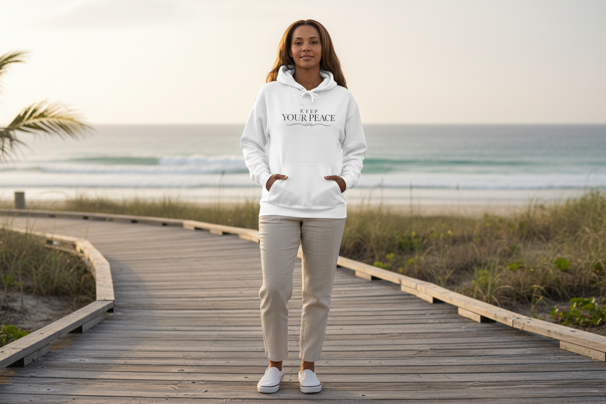 Human model wearing the Keep Your Peace hoodie