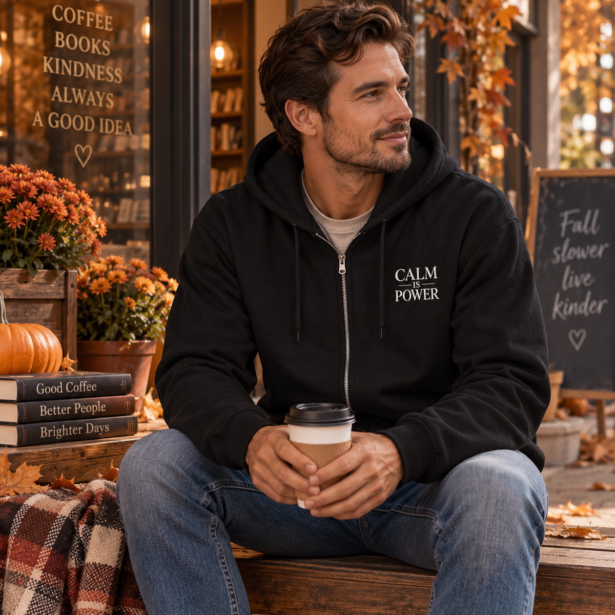 Man wearing the black Calm Is Power zip hoodie in a cozy autumn coffeehouse