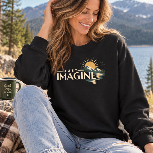 Imagine Sunrise Crewneck Sweatshirt — "Just Imagine" Retro Sunset Graphic