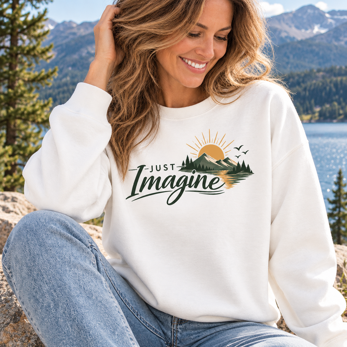 Imagine Mountain Sweatshirt — "Just Imagine" Scenic Nature Crewneck