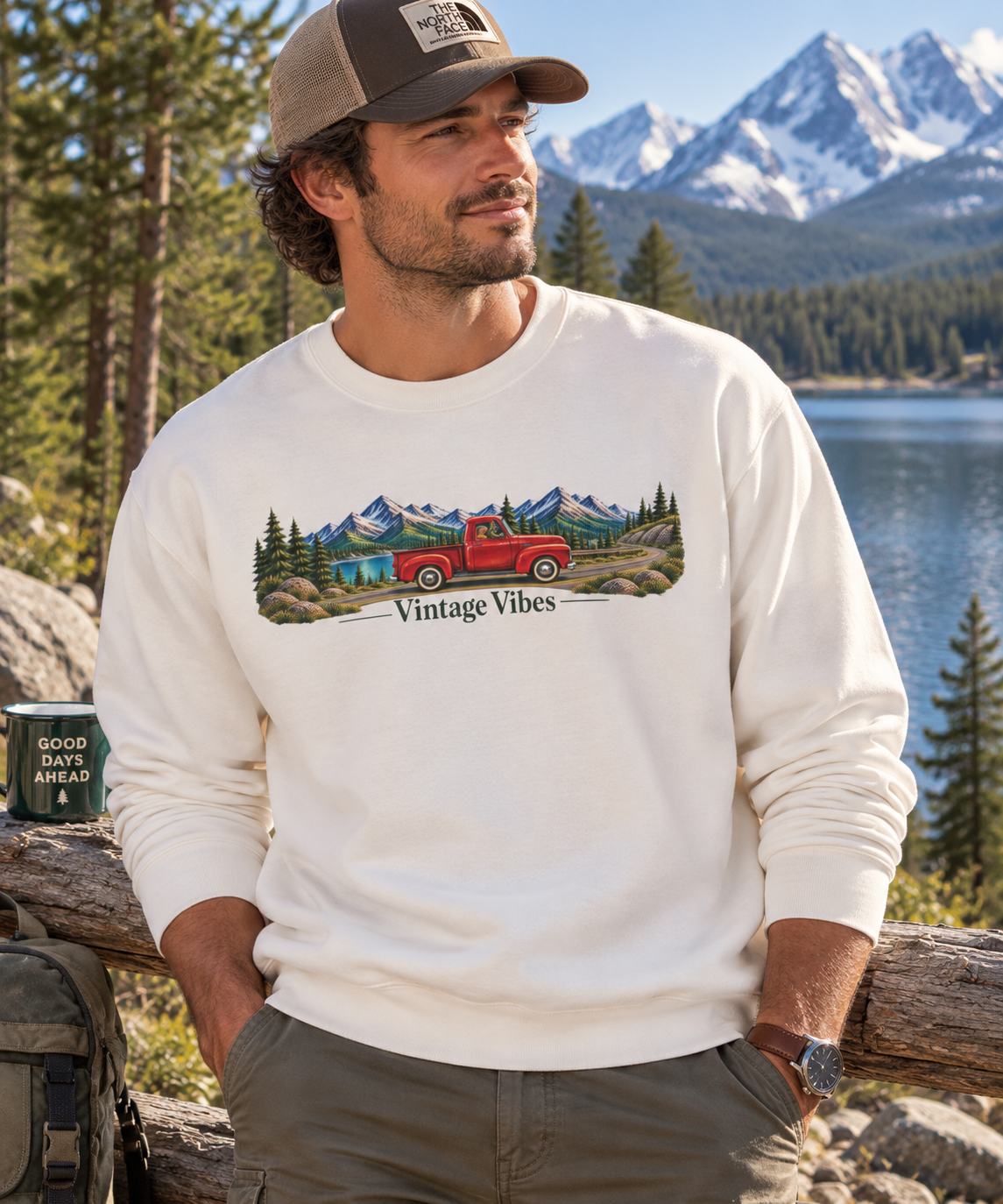 Vintage Truck Sweatshirt – 'Vintage Vibes' Mountain Scenic Crewneck
