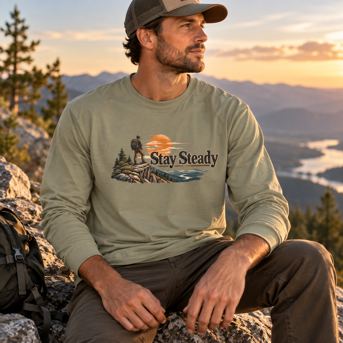 Stay Steady Unisex Long-Sleeve T-Shirt | Hiker Sunset Graphic