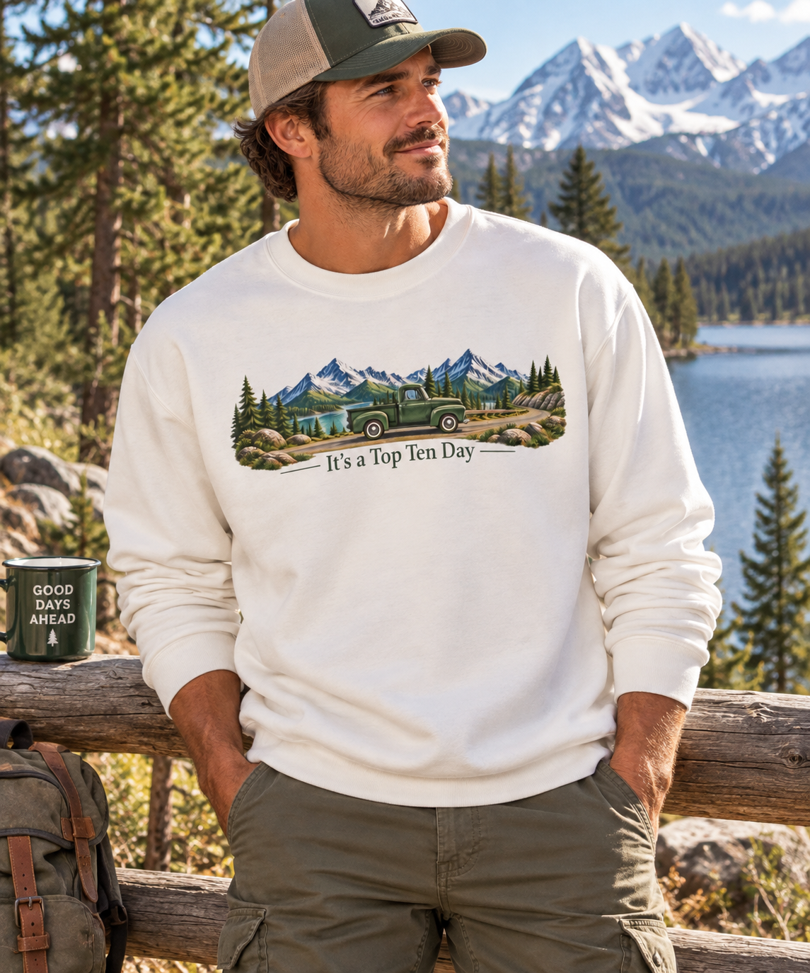Crewneck Sweatshirt – Mountain Landscape "It's a Top Ten Day" Graphic